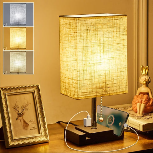 Generic Pull Chain Dimmable Desk Lamp with AC Outlet, Linen Bedside Lamp with