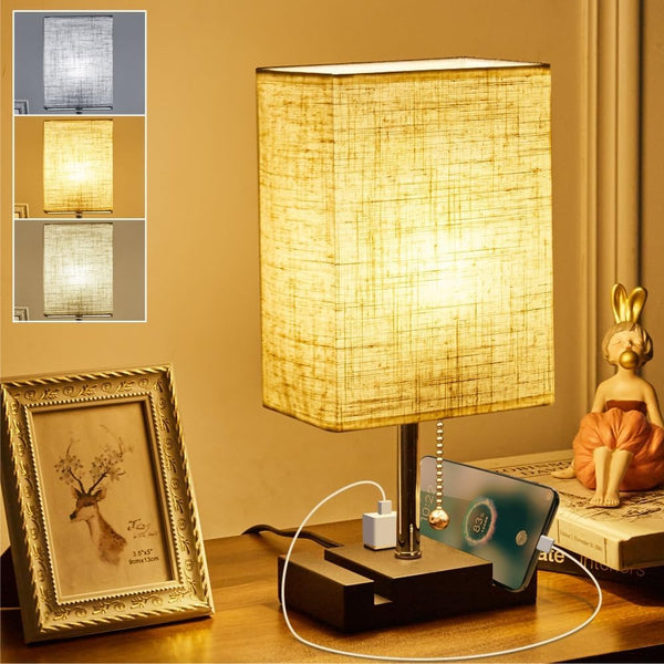 Generic Pull Chain Dimmable Desk Lamp with AC Outlet, Linen Bedside Lamp with