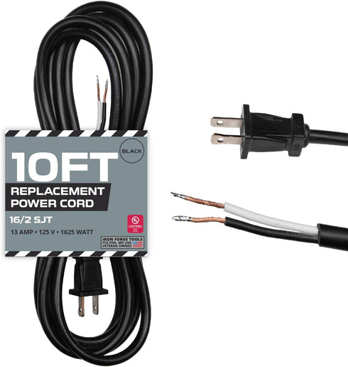 Iron Forge Cable 16 AWG Replacement Power Cord, 10 Ft Black Extension Cable, 2 Wire 16/2 SJT