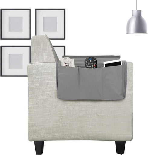 Sofa Armrest Organizer with Top Tray, 5 Pockets for Couch Recliner, Foldable Bedside Caddy Storage Bag (Grey)