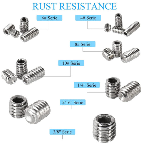 380Pcs 19 Sizes #4-40 to 3/8"-16 UNC Standard SAE Hex Socket Set Screws with 7pcs Hex Keys, Stainless Steel