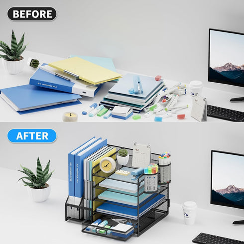 Desk Organizer with File Holder, 5-Tier Paper Letter Tray with Sliding Drawer and 2 Pen Holders, Mesh for Office