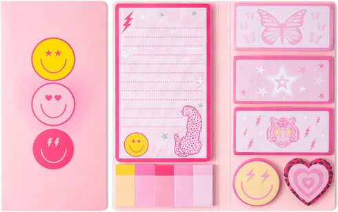 L1rabe Preppy Sticky Note Set, 550 Sheets Y2K Smile Face Self-Stick Notes Pads, Back to School Pink Sticky Notes for