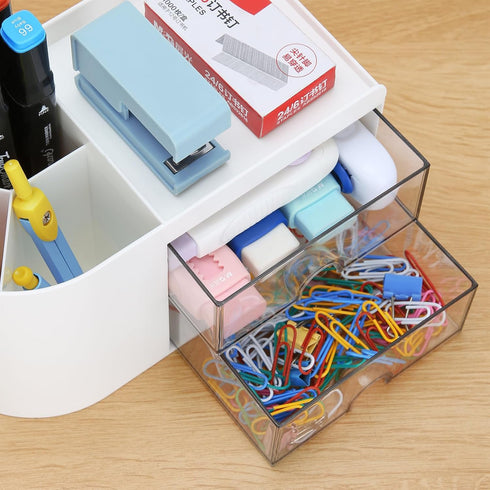 LETURE Desk Organizer Caddy with Drawer, White Office Supplies Holder for Business Cards, Pens, and Stationery