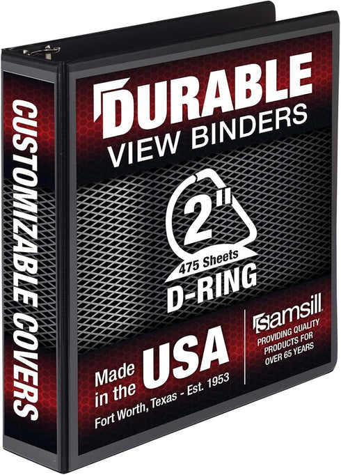 Samsill Durable 2 Inch Binder, D Ring, Customizable Clear View Cover, Black, Holds 475 Pages