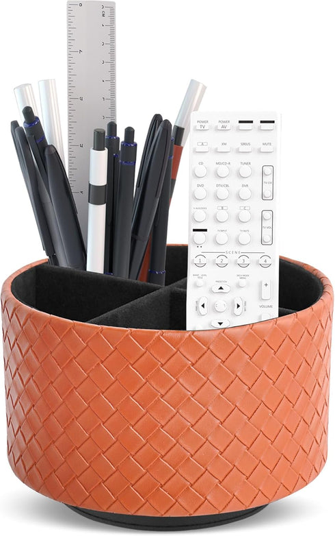 Hennaja Round Leather Art Supply Organizer, Remote Control Holder, 360 Degree Spinning, 4 Compartments