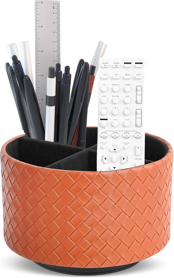 Hennaja Round Leather Art Supply Organizer, Remote Control Holder, 360 Degree Spinning, 4 Compartments