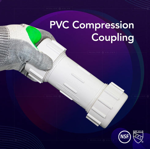 Midline Valve 582DD200 PVC Compression Coupling Pipe Fitting, 2'' White Plastic