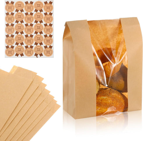 PercyEffie 120 Pack Large Krafts Paper Bread Bags with Clear Window 14" x