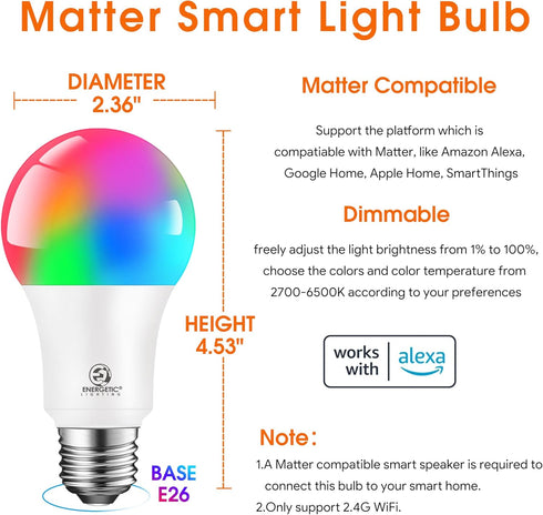 Bulbs A19 Bulb, E26 Bulbs, 60W 800LM, 2.4 4 Pack Energetic Light Work with Alexa/Apple Home/Google Home/SmartThings