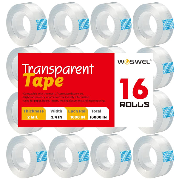 Transparent Tape Refills Bulk, 16 Rolls Clear Tapes, 3/4 Inch X 1000 Inch for Home School Office Supplies