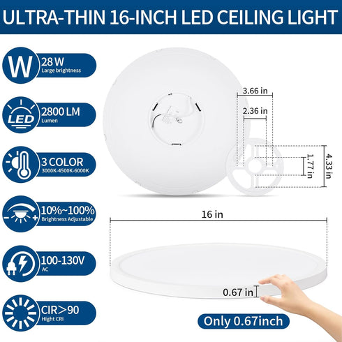 16'' 0.67 Inch Dimmable 3000K/4500K/6000K 28W 2800LM, Modern Led Ceiling Light Fixture, Ultra Thin Flush Mount