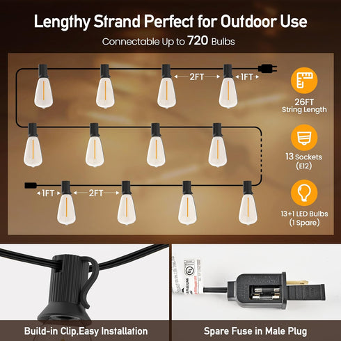 26 14 Bulbs, Dimmable 13 2700K Outdoor String Lights FT Shatterproof LED UL Certified Patio Lights Outdoor Light