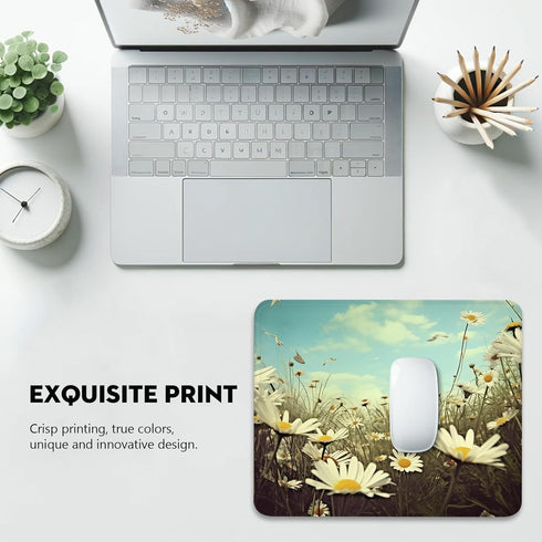 Serenity in Spring Daisies Mouse Pad, Stitched Edges Non-Slip Rubber Base, A Breath of Fresh Air for Your Desk