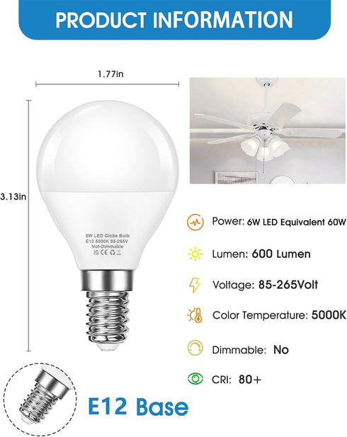 EvaStary Ceiling Fan Light Bulbs, 60W Equivalent E12 LED Bulb, Super Bright 600LM Daylight 5000K Small Base A15 Shape Candelabra Bulb for Chandelier, Ceiling Fans, Non-dimmable, 85-265V, 6 Pack by EvaStary