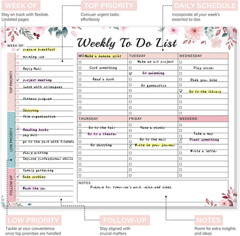 Weekly Desk Planner Pad, 8.5"×11", 52 Undated Tear Off Sheets, Spiral Binding, Pink, Organizer for Work, School, Home