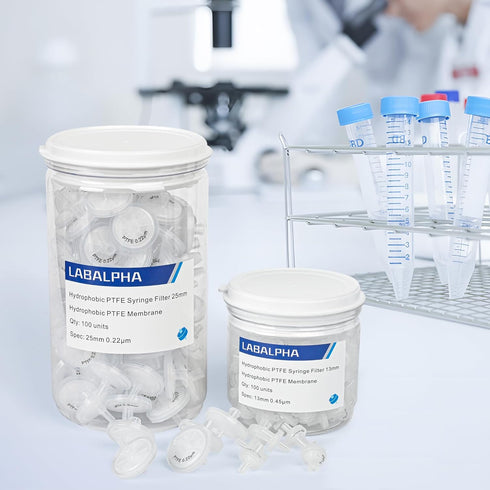LABALPHA Syringe Filters PTFE, 100 Pack, 25mm, 0.22µm Hydrophobic Filtration