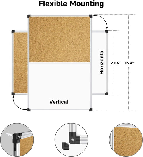 XBoard 36 x 24 Inch Magnetic White Board and Bulletin Corkboard Combo, Half Dry Erase & Cork Board with Aluminum Frame