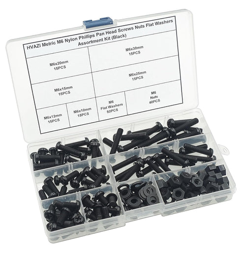 Metric M6 Nylon Phillips Pan Head Screws Nuts Flat Washers Assortment Kit (Black)