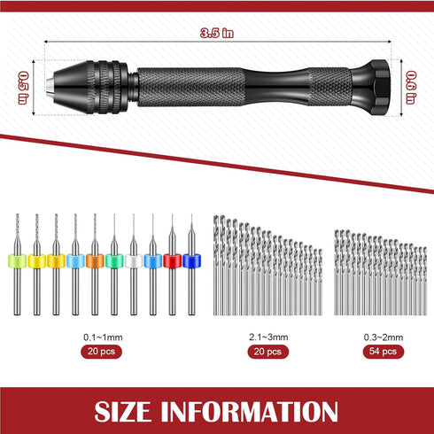 95 Pieces Hand Drill Bits Set, Black Pin Vise Hand Drill, 74 Micro Twist Drill Bits & 20 PCB Mini Drill Bits