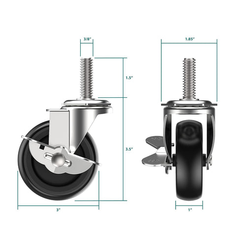 Caster Wheels 3 inch Locking Stem Casters, 3/8" -16 x 1-1/2" Threaded Stem Casters Swivel Set of 4 Heavy Duty Black