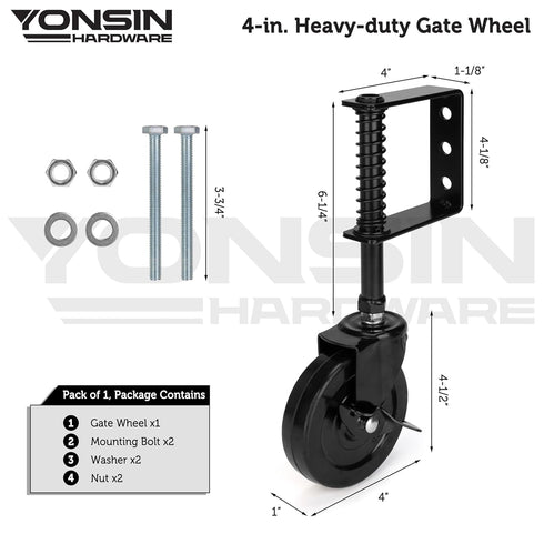 4" Heavy Duty Spring Loaded Gate Caster Wheel with Side Brake, Drag Gate Wheels with 360° Swivel for Wooden Gate Fence, Metal Tube Gate, Anti Sag Gate Kit, 330 Lbs Capacity, 1 Pac, Black