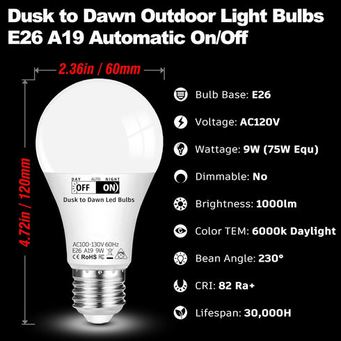 ALIDE Bulbs 9W Bulbs 6000k White,E26 A19 75W 1000LM Bulbs,2Pack Dusk to Dawn Outdoor Light for Outside Porch Patio