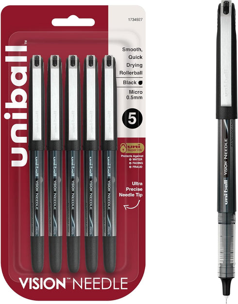Uni-Ball 1734927 Vision Needle Rollerball Pens, Micro Point 0.5Mm, 5 Count, Black