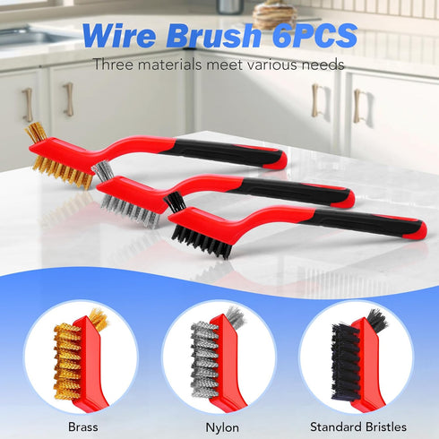 Wire Brush Set, 6 Pcs Brass, Stainless Steel, Nylon Brushes for Cleaning, Curved Handle for Rust Removal