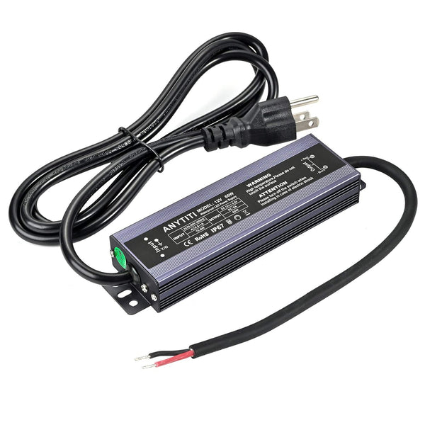 ANYTITI LED Driver,LED Power Supply IP67 Waterproof Output 60W DC12V 5A 3-Prong Plug