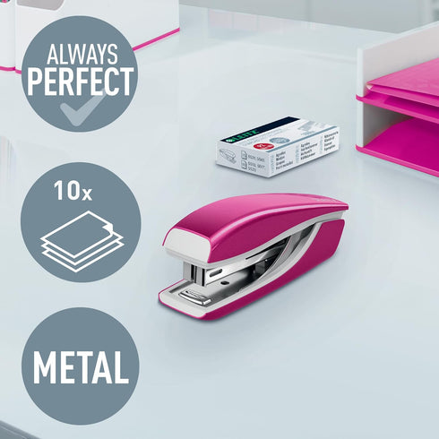 Leitz Mini Stapler, 10 Sheet Capacity, Ergonomic Metal Body, includes Staples, WOW Range, 55281023 - Metallic Pink by Leitz