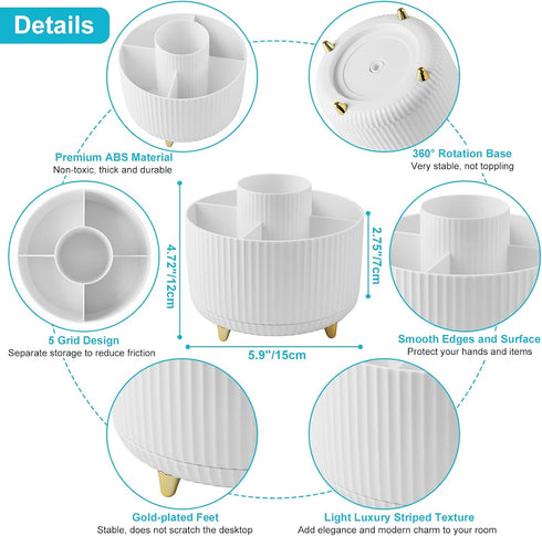 Desk Pencil Pen Holder, 5 Slots for Office, School, Home, 360 Degree Rotating Desktop Storage Cup Pot, White