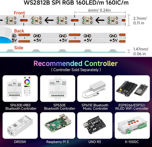 WS2812B 2.7mm 0807SMD DC5V 3.2FT 160Pixels/m 160LED IP30 BTF-LIGHTING IC RGB Ultra Narrow LED Strip Individually