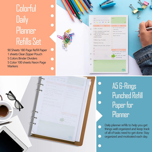 Rancco A5 Planner Inserts, 90 Pages Colorful Daily Refills with Divider, PVC Pouch, Ruler, Index Tab