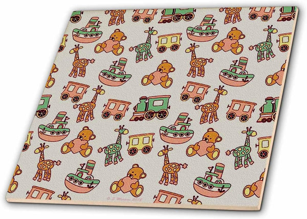 3dRose Toy Giraffes, Trains, Boats and Teddy Bears Pattern 8 Inch Ceramic