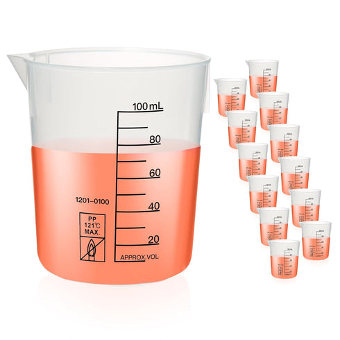 12 Pcs Plastic Beakers, 100ml Lab Beakers, Plastic Measuring Cup with Black Printed Graduation (BKLP100A12)