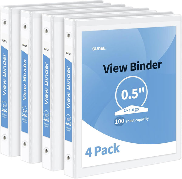 SUNEE 3 Ring Binder, 1/2 Inch, Clear View Binder, PVC-Free, Fits 8.5x11 Inches (4 Pack), White