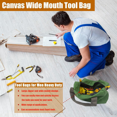 Canvas Wide Mouth Tool Bag, Heavy Duty Large Capacity Handbag, Portable Home Tool Organizer for Storage for Screwdrivers, Wrench, Plier, Nails, Pliers Repair Hand Tools (16 Inch) by Suaetiai