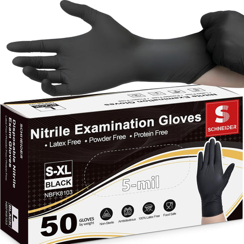 Schneider Black Nitrile Exam Gloves, 5 Mil Disposable Gloves, Latex Free &