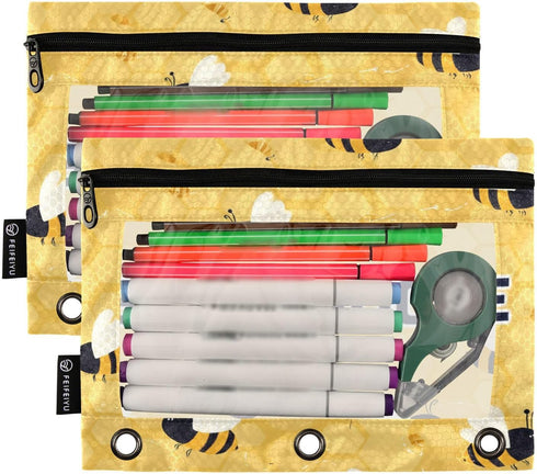 Gredecor 3 2 Pack Custom Binder Pencil Pouch Ring for School Office Yellow Bees Honey Honeycombs Personalized Zipper
