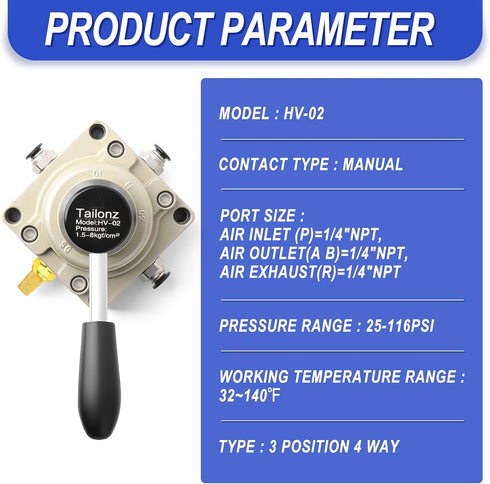 TAILONZ PNEUMATIC Rotary Lever Hand Valve HV-02 1/4”NPT Air Flow Control 3 Position