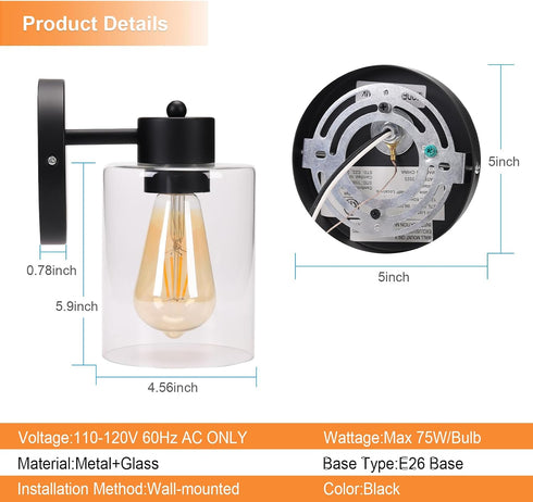 (E26 1pcs) Kalium Wall Sconces, Matte Black Vanity Light Fixtures, Indoor Wall Lights with Clear Glass Shade, Hardwired