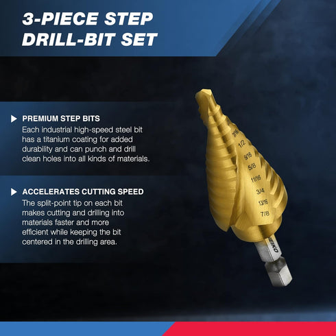 NEIKO 10181A Step Drill Bit Set, 3 Piece, Spiral Grooved for Faster Drilling, Unibit Cone Drill Bits
