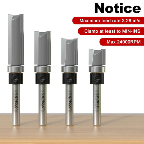 4 Set 1/4 Inch 1/2", 3/4", 1", 1-1/2"Cutting 1/2" Professional PCS Pattern Flush Trim Router Bit Shank, Top Bearing