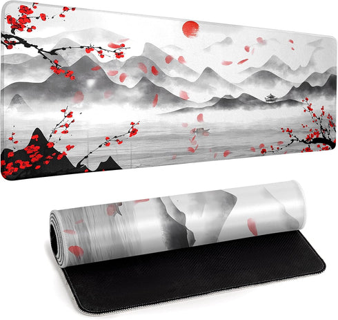 Japanese Cherry Blossom Large Gaming Mouse Pad, Sakura Desk Pad for Computer, 31.5''x11.8'' Office Decor
