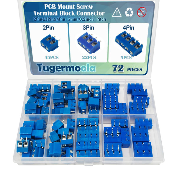 72PCS 5mm Pitch PCB Mount Screw Terminal Block Connector, 2Pin 3Pin 4Pin Circuit Board Connectors