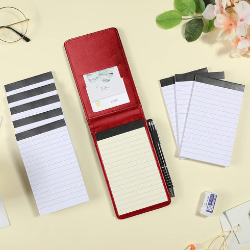 Outus Mini Pocket Notepad Holder Set, 10 Pcs, 50 Lined Sheets, Metal Pen, 8 Pcs 3 x 5 Inch Memo Book Refills, Red
