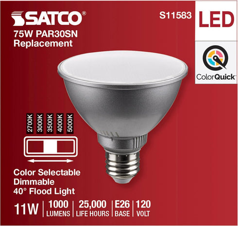 Satco S11583; 11 PAR30SN 120 40 11PAR30SN/LED/5CCT/FL/120V Commercial (2 Bulbs) Watt LED; Medium Base; Silver Finish;