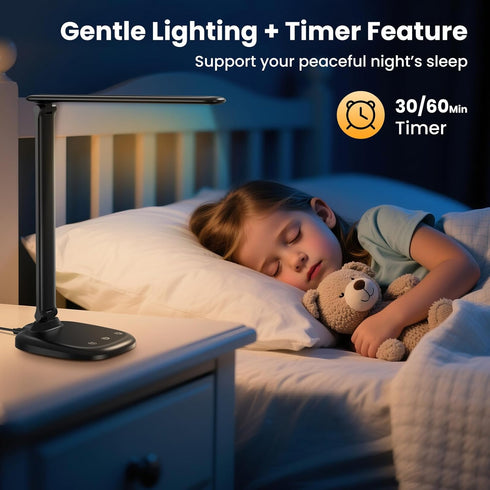 10%-100% Dimmable 5 30-/60-minute CRI90, Desk Lamp with Charger, Stepless & Color Modes Study Lamp, Touch Control