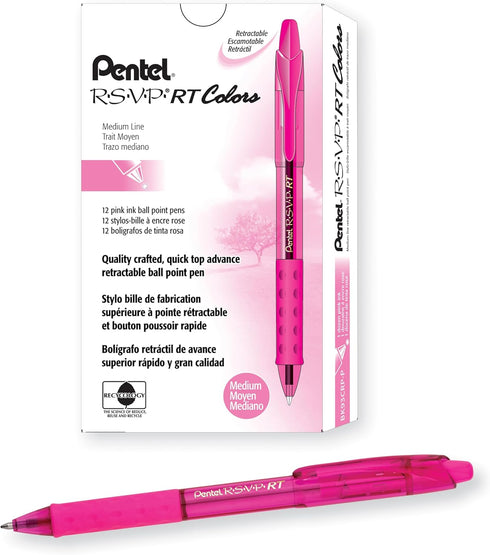 Pentel RSVP RT Colors Retractable Ballpoint Pen, 1.0mm Medium Line, Pink Ink, Box of 12 (BK93CRP-P)